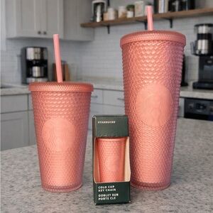 Starbucks Studded Tumbler Set Pink Lemonade 24oz+16oz+Mini Keychain NWT Set 💕
